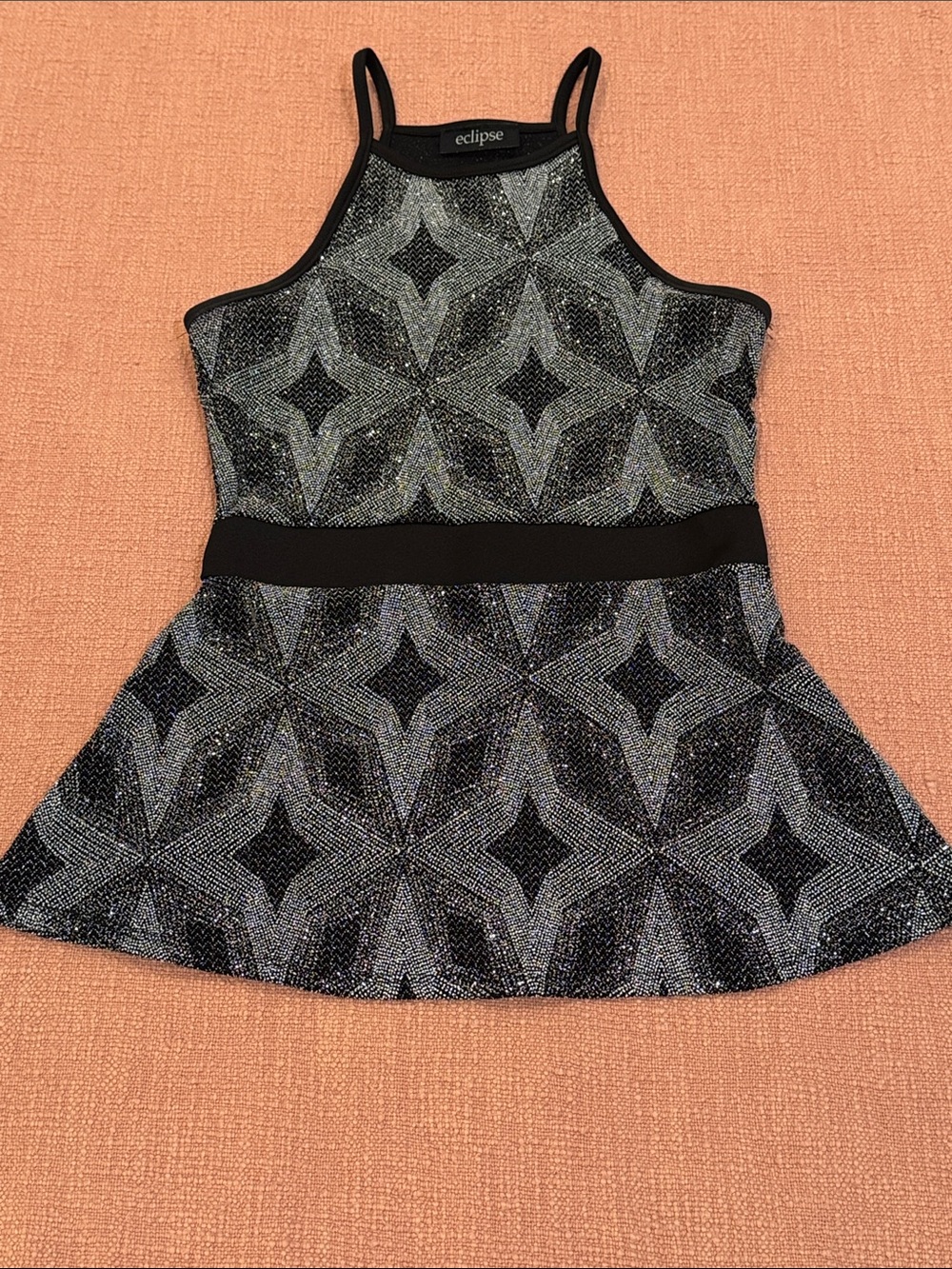 Eclipse XS wm’s shimmery Black & Silver Geometric Halter Tank top / blouse